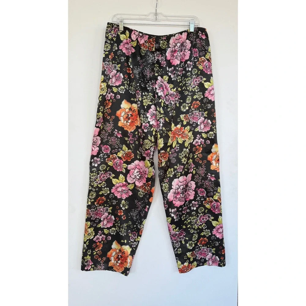 Morgan Taylor Large Silky Satin Black Floral Pajama Set PJ'S Fairy Garden Whimsy